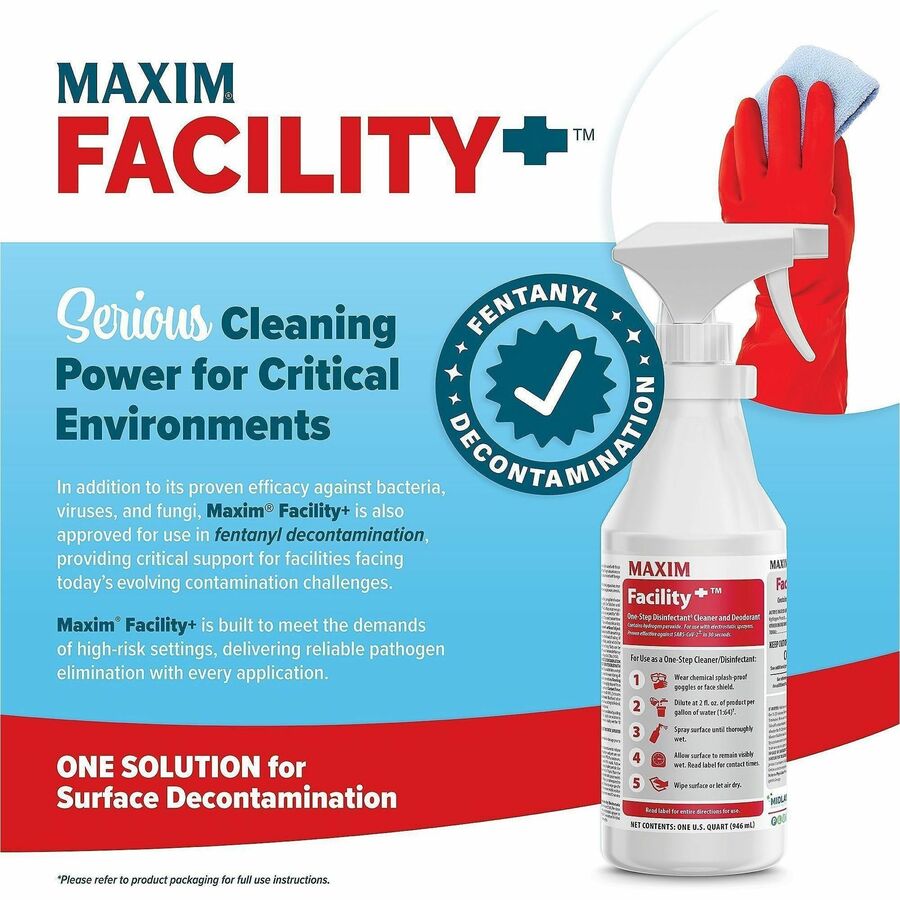 Maxim Facility+ One-Step Disinfectant - For Multi Surface, Multipurpose - Concentrate - Liquid - 128 fl oz (4 quart) - 6