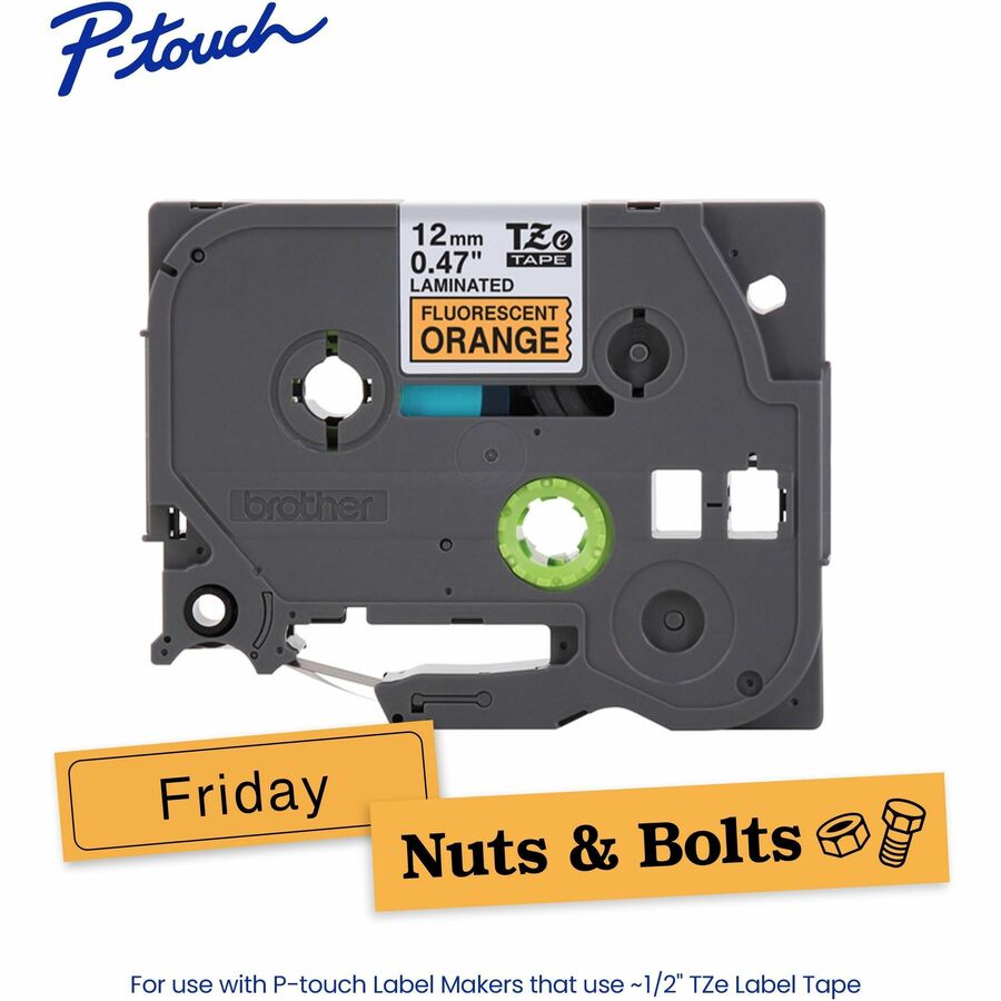 Brother Genuine P-touch TZeB31 BK on FLUOR ORG Label Tape, Laminated, 12mmX5m - 15/32" Width - Fluorescent Orange - Lami
