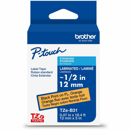 Brother Genuine P-touch TZeB31 BK on FLUOR ORG Label Tape, Laminated, 12mmX5m - 15/32" Width - Fluorescent Orange - Lami