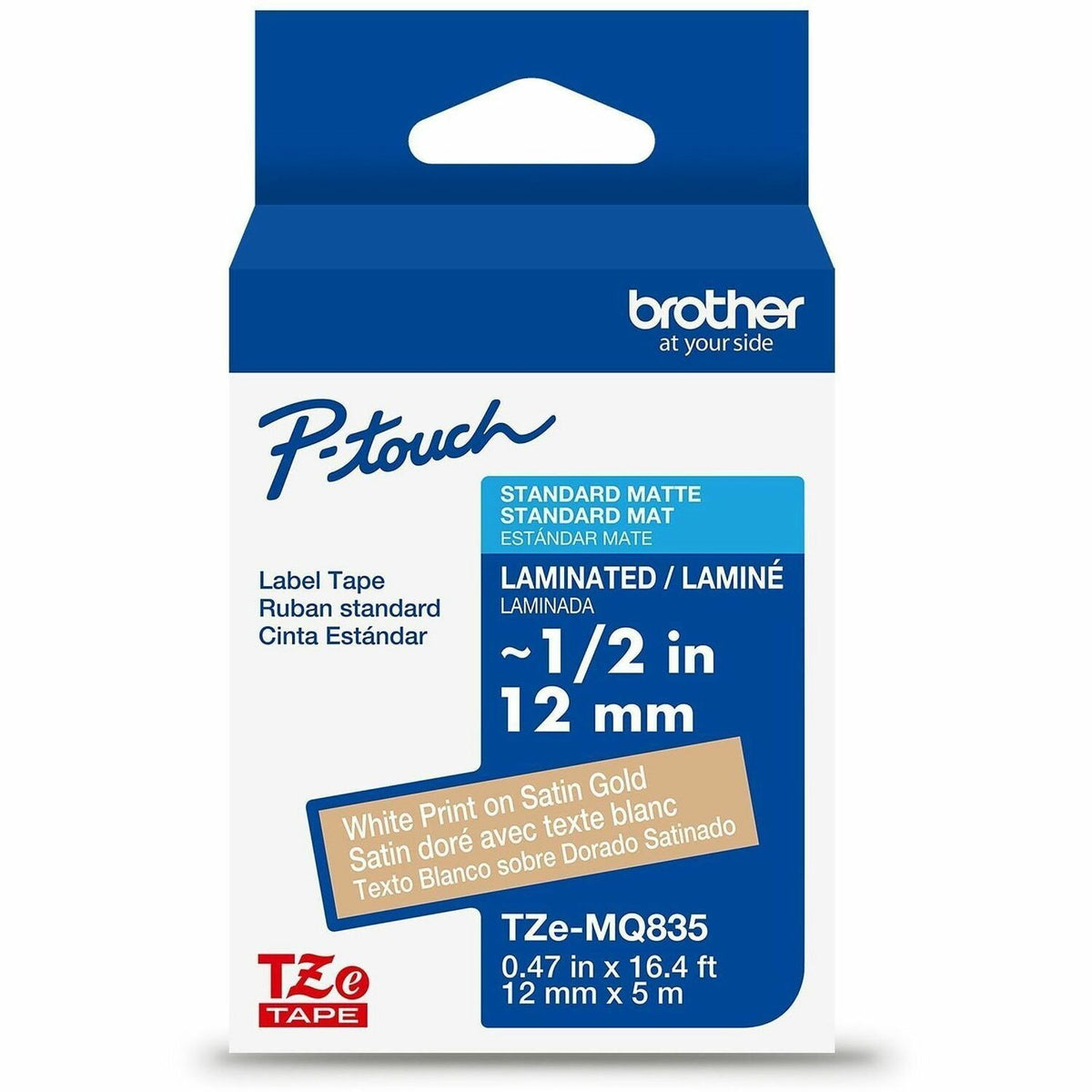 Brother Genuine P-touch TZeMQ835 WHT on SATIN GLD Label Tape, Laminated, 12mmX5m - 15/32" Width - Satin Gold - Laminated