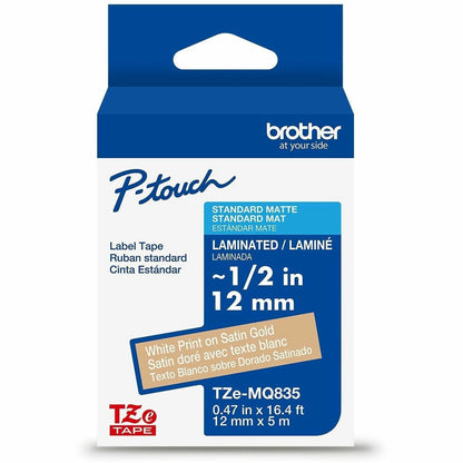 Brother Genuine P-touch TZeMQ835 WHT on SATIN GLD Label Tape, Laminated, 12mmX5m - 15/32" Width - Satin Gold - Laminated
