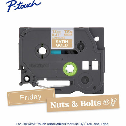 Brother Genuine P-touch TZeMQ835 WHT on SATIN GLD Label Tape, Laminated, 12mmX5m - 15/32" Width - Satin Gold - Laminated