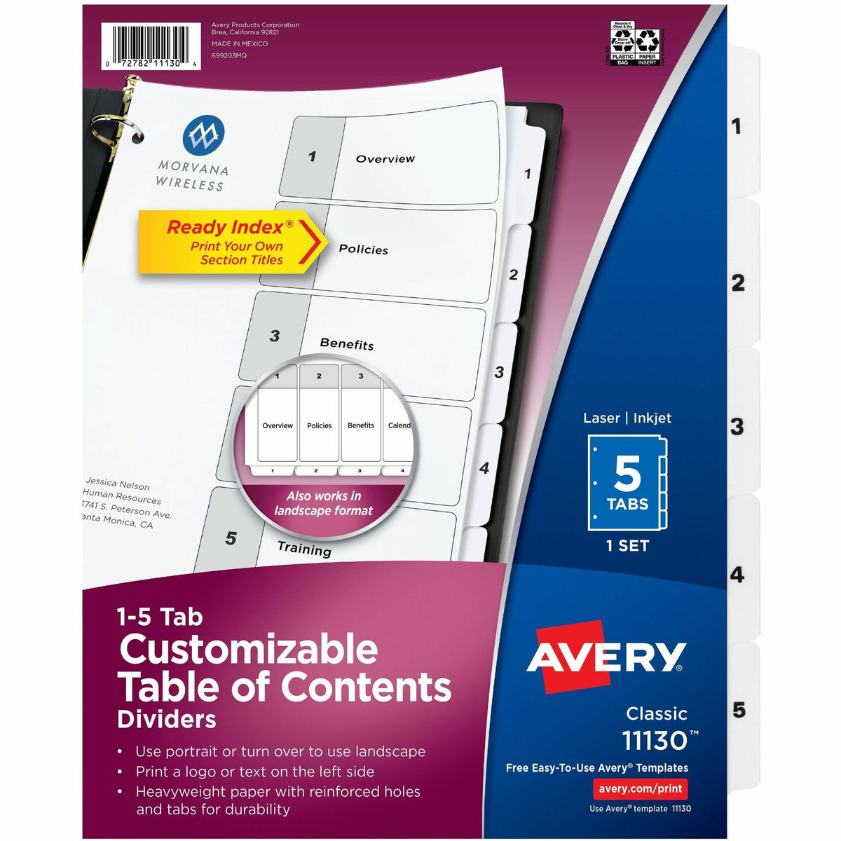 Avery Binder Dividers, 5 Tabs, Ready Index (11130) - 5 x Divider(s) - 5 Tab(s) - 1-5 - 5 Tab(s)/Set - 5 / Set
