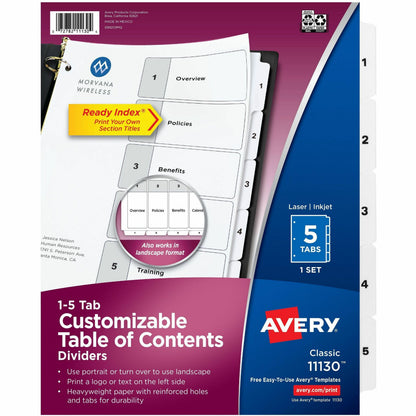 Avery Binder Dividers, 5 Tabs, Ready Index (11130) - 5 x Divider(s) - 5 Tab(s) - 1-5 - 5 Tab(s)/Set - 5 / Set