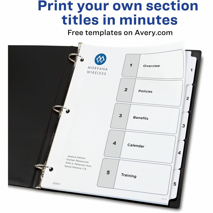 Avery Binder Dividers, 5 Tabs, Ready Index (11130) - 5 x Divider(s) - 5 Tab(s) - 1-5 - 5 Tab(s)/Set - 5 / Set