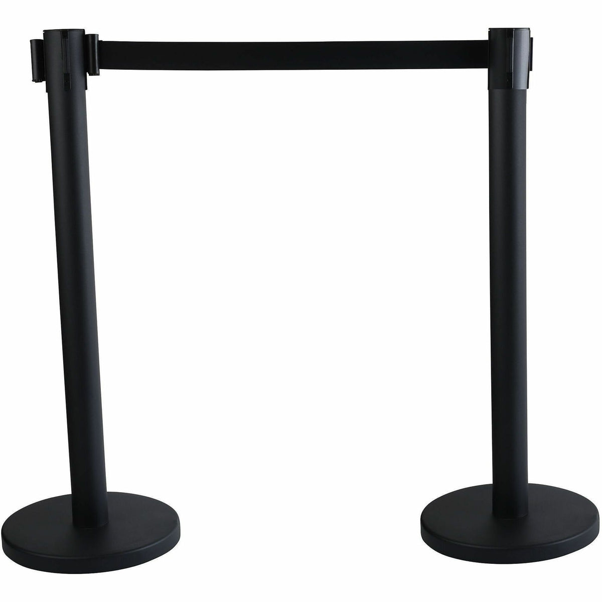 Tatco Crowd Control Stanchions - 114" Black Belt Attachment - Locking Mechanism, Rubber Pad - Floor Standing - Black - 2