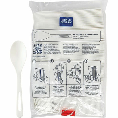 World Centric Compostable White Utensil Refill Sleeve - 1000 Piece(s) - Spoon - Spoon - Breakroom, Cafeteria, Food - 100