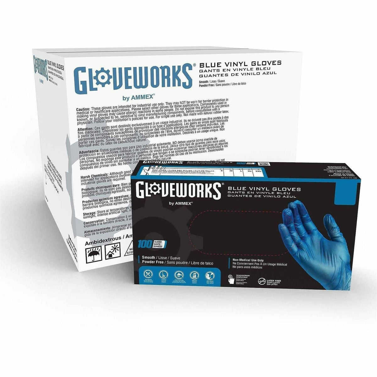 Gloveworks Industrial Blue Powder-Free Vinyl Gloves - 3 mil Thickness x 9.45" Glove Length - Polymer Coating - Large Siz