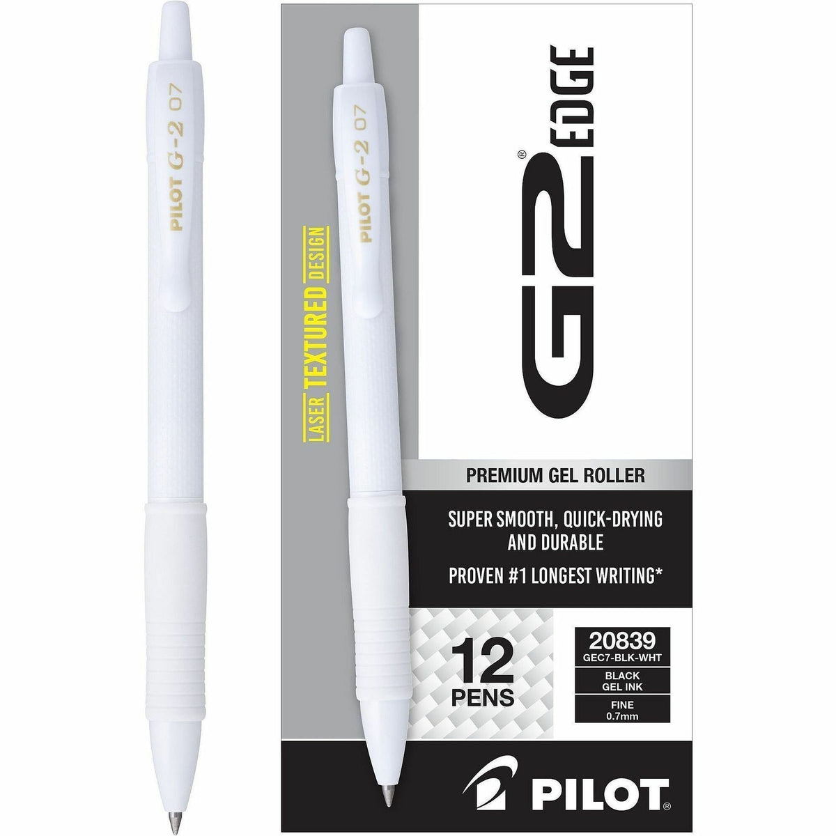 G2 Edge Gel Pen - 0.7 mm Fine Pen Point - Refillable - Retractable - Black Ink - Gel-based - White Barrel - Tungsten Car