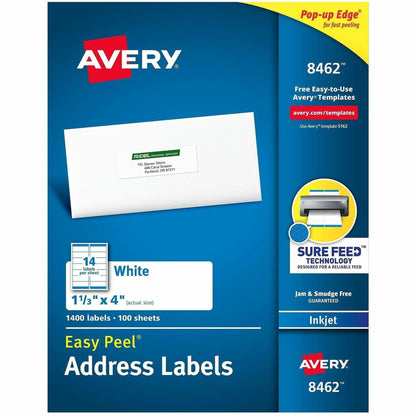 Avery® Easy Peel Address Labels, 1-1/3" x 4" , 1,400 Labels (8462) - x 1 21/64" Width x 4" Length - Permanent Adhesive -