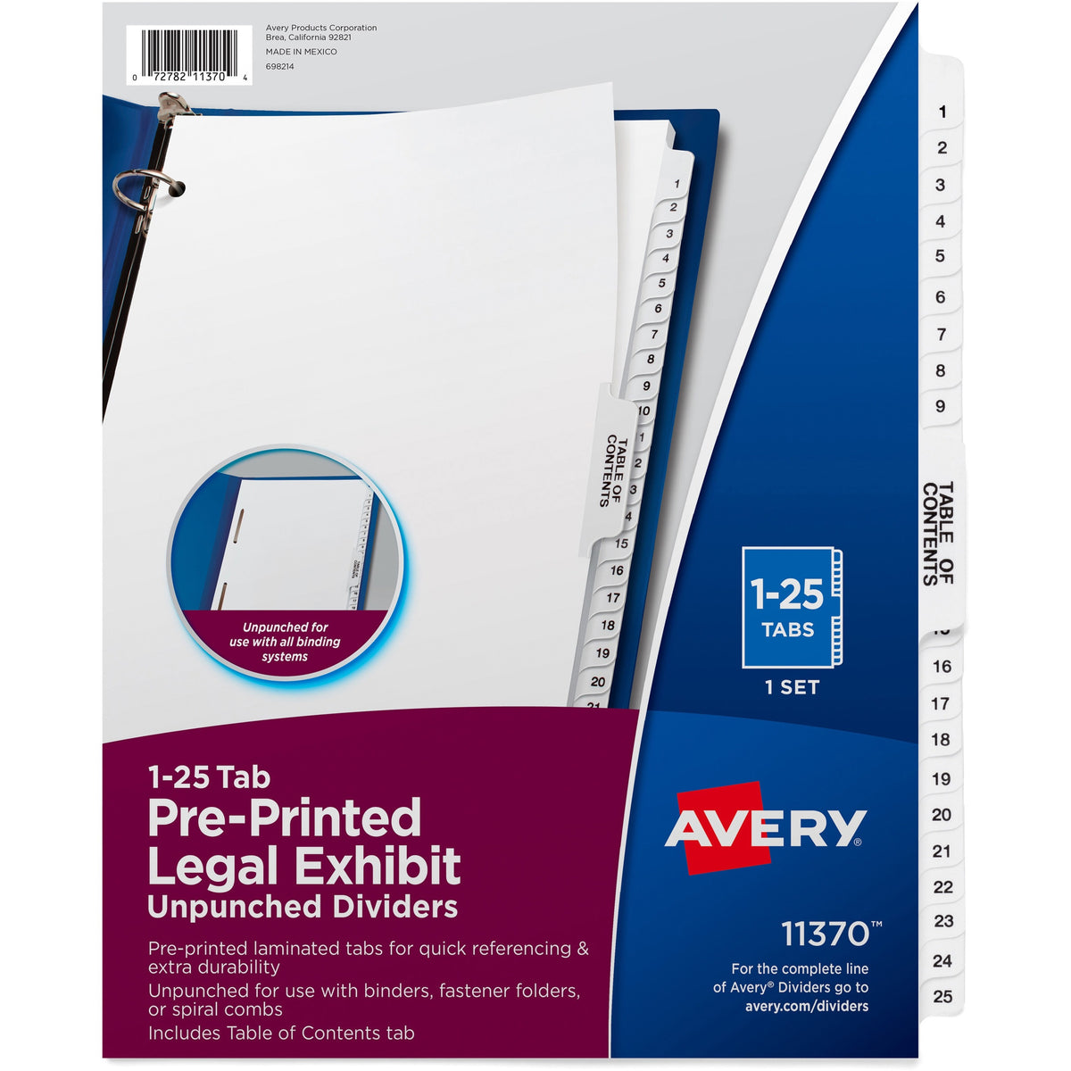 Avery® Index Divider - 1 x Divider(s) - Side Tab(s) - 1-25, Table of Contents - 26 Tab(s)/Set - 8.5" Divider Width x 11"
