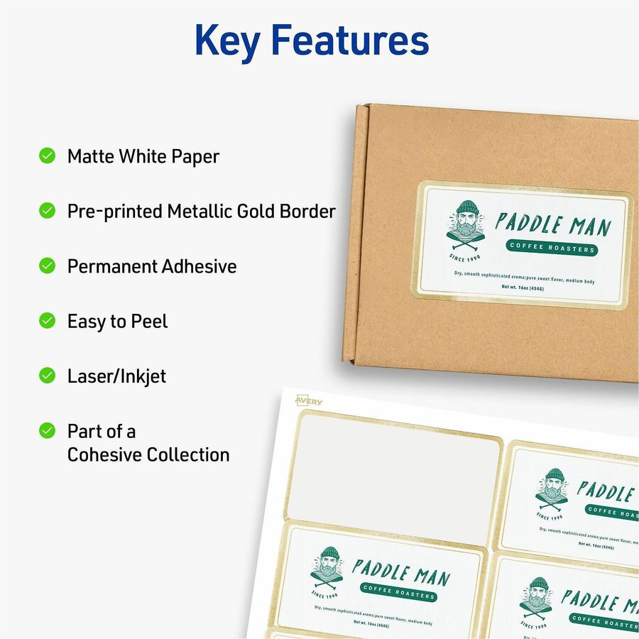 Avery 2" x 4" Labels With Metallic Gold Borders - x 2" Width x 4" Length - Permanent Adhesive - Rectangle - Inkjet, Lase