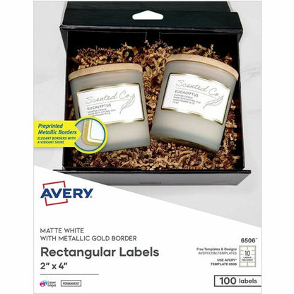 Avery 2" x 4" Labels With Metallic Gold Borders - x 2" Width x 4" Length - Permanent Adhesive - Rectangle - Inkjet, Lase