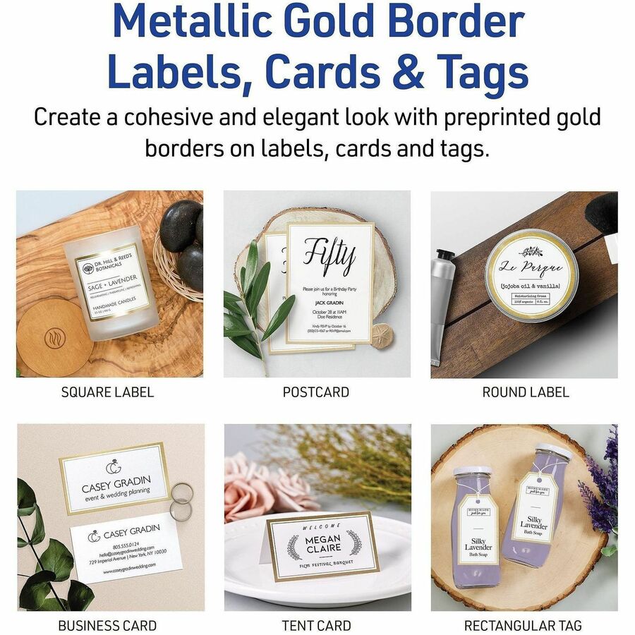 Avery 2" x 4" Labels With Metallic Gold Borders - x 2" Width x 4" Length - Permanent Adhesive - Rectangle - Inkjet, Lase