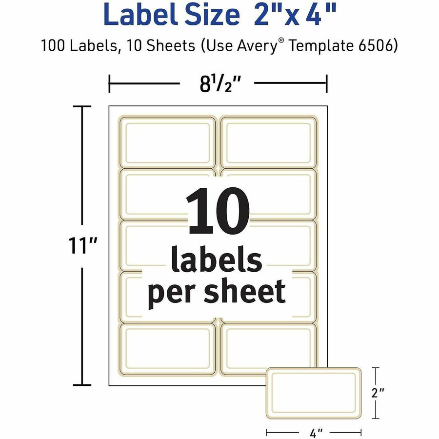 Avery 2" x 4" Labels With Metallic Gold Borders - x 2" Width x 4" Length - Permanent Adhesive - Rectangle - Inkjet, Lase