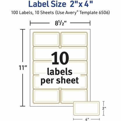 Avery 2" x 4" Labels With Metallic Gold Borders - x 2" Width x 4" Length - Permanent Adhesive - Rectangle - Inkjet, Lase