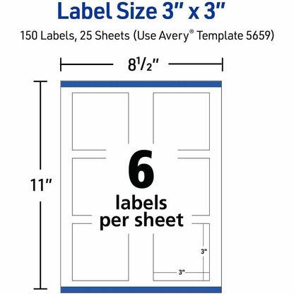 Avery Matte White 3"x3" Square Labels - 3" Height x 3" Width - Permanent Adhesive - Square - Laser, Inkjet - White Matte