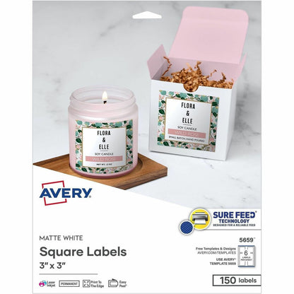 Avery Matte White 3"x3" Square Labels - 3" Height x 3" Width - Permanent Adhesive - Square - Laser, Inkjet - White Matte