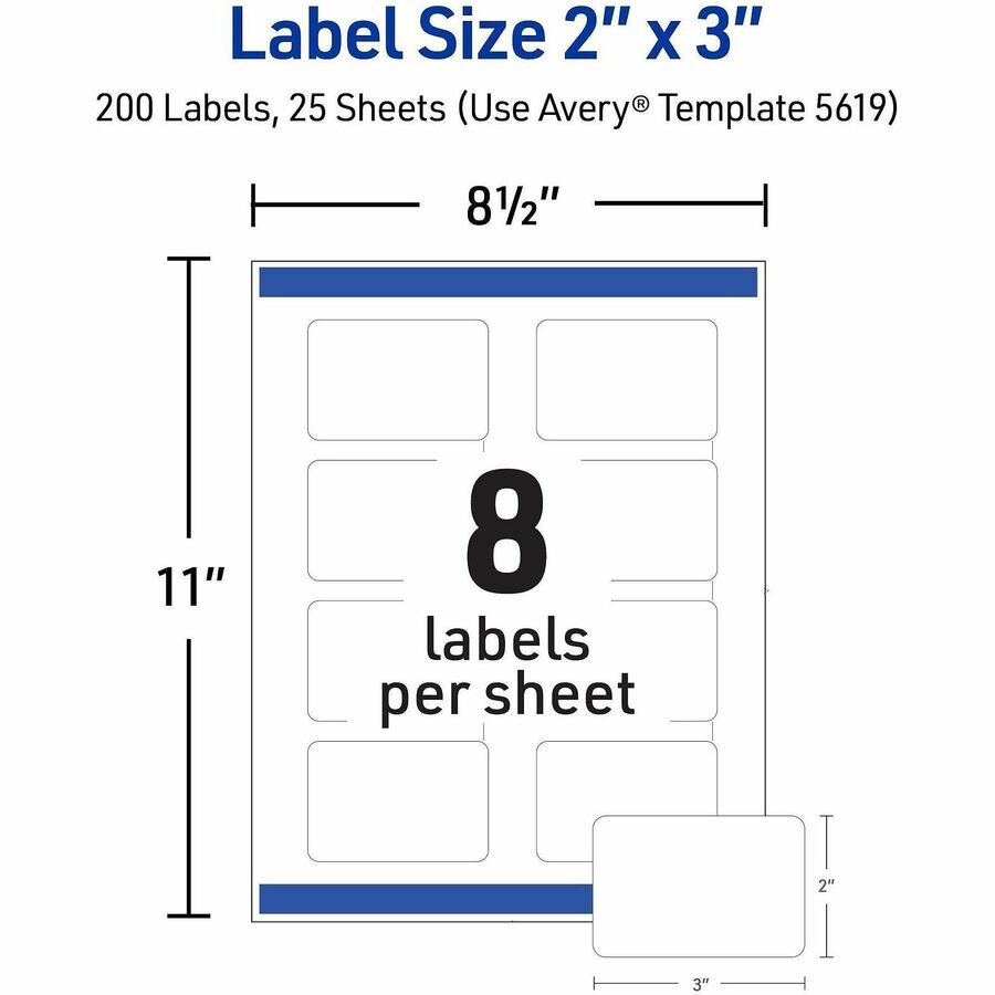 Avery Matte White Rectangular Labels - x 3" Width x 2" Length - Rectangle - Inkjet, Laser - Matte - Matte White - 8 / Sh