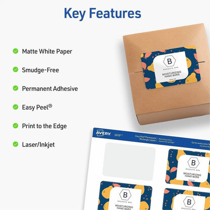 Avery Matte White Rectangular Labels - x 3" Width x 2" Length - Rectangle - Inkjet, Laser - Matte - Matte White - 8 / Sh
