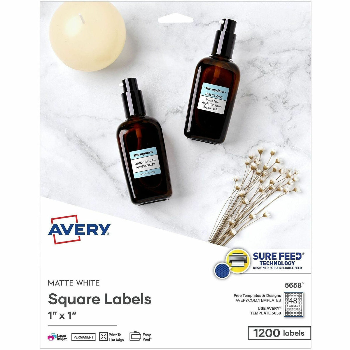 Avery Matte White Square Labels - x 1" Width x 1" Length - Square - Inkjet, Laser - Matte - Matte White - 48 / Sheet - 1