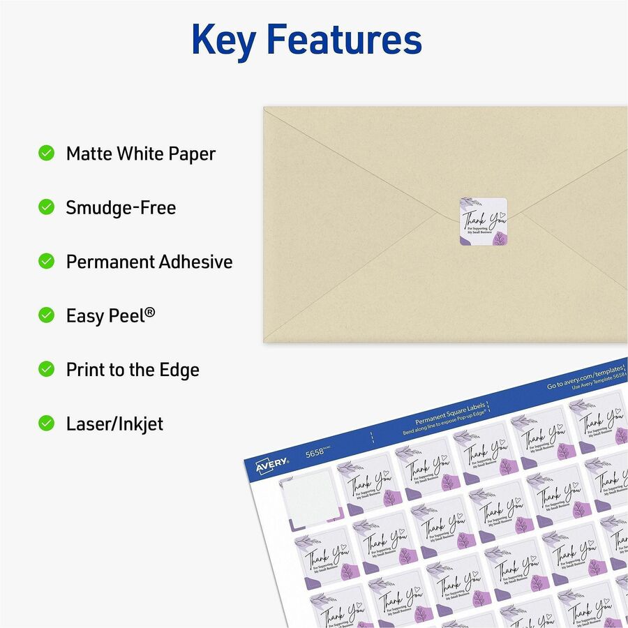 Avery Matte White Square Labels - x 1" Width x 1" Length - Square - Inkjet, Laser - Matte - Matte White - 48 / Sheet - 1