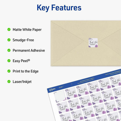 Avery Matte White Square Labels - x 1" Width x 1" Length - Square - Inkjet, Laser - Matte - Matte White - 48 / Sheet - 1