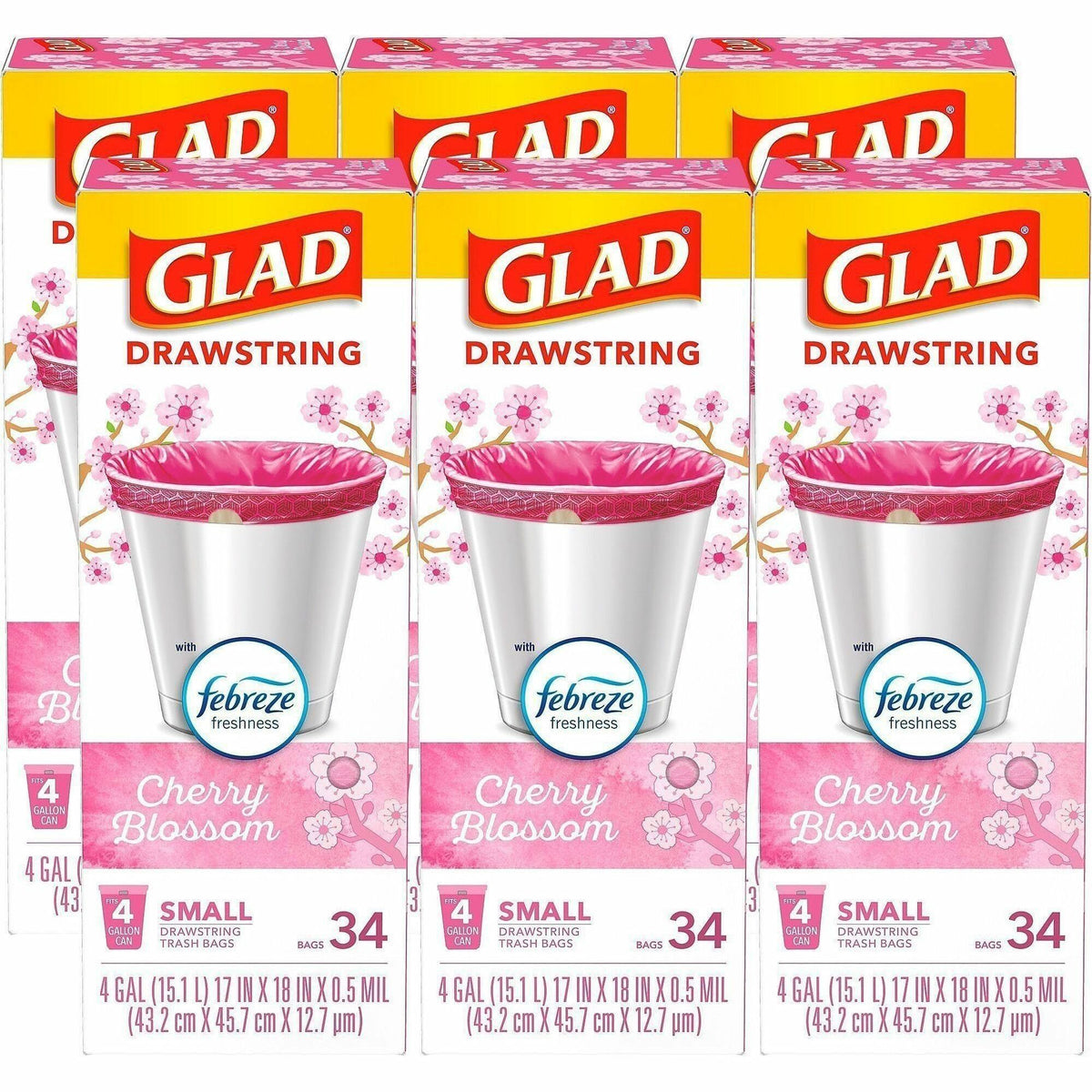 Glad Odorshield Small Drawstring Trash Bags - Cherry Blossom - Small Size - 4 gal Capacity - 18" Length x 17" Width - Dr
