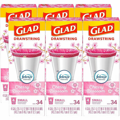 Glad Odorshield Small Drawstring Trash Bags - Cherry Blossom - Small Size - 4 gal Capacity - 18" Length x 17" Width - Dr
