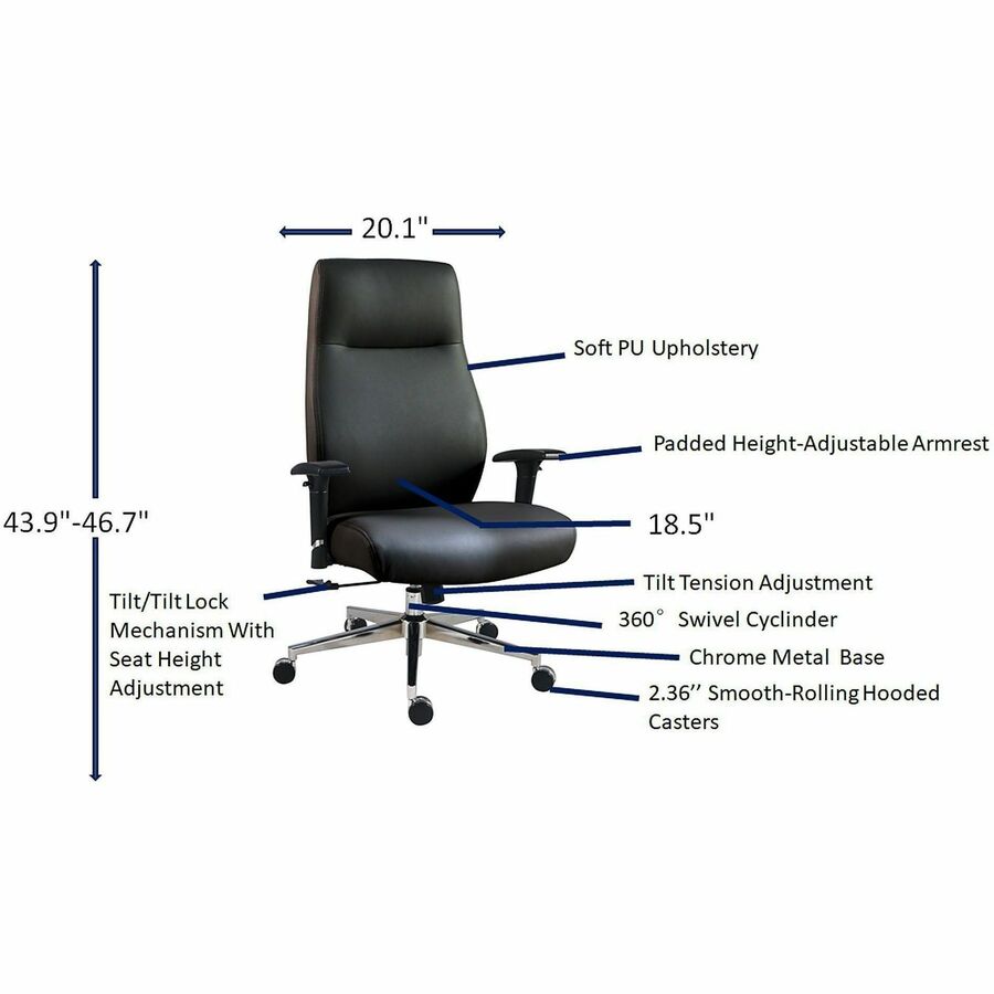 Lorell Fuerte Executive High-Back Chair with Adjustable Arms - High Back - Black - Poly, Polyurethane - Armrest - 1 Each