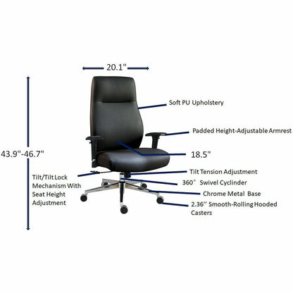 Lorell Fuerte Executive High-Back Chair with Adjustable Arms - High Back - Black - Poly, Polyurethane - Armrest - 1 Each