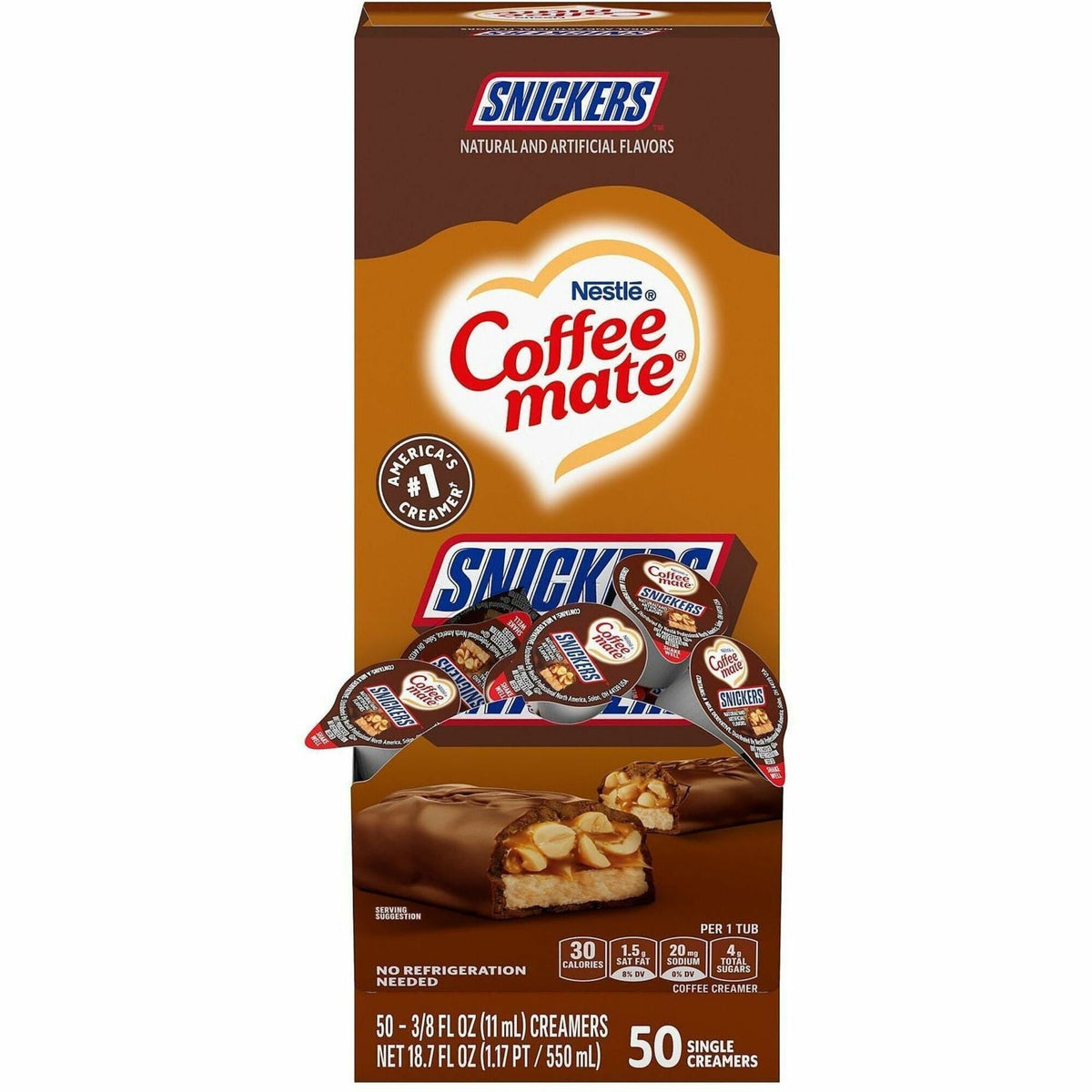 Coffee mate Creamer Snickers Flavor Singles - Chocolate, Nut, Caramel, Snickers Flavor - 0.38 fl oz (11 mL) - 1 Serving 