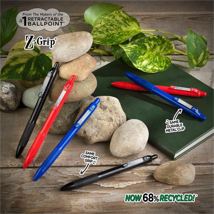 Zebra Pen Z-Grip Recycled Retractable Ballpoint Pens - 1 mm, Medium Pen Point - Retractable - Blue Ink - School, Home, J