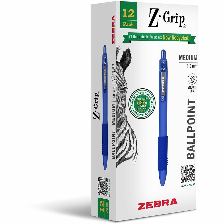 Zebra Pen Z-Grip Recycled Retractable Ballpoint Pens - 1 mm, Medium Pen Point - Retractable - Blue Ink - School, Home, J