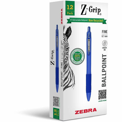 Zebra Pen Z-Grip Recycled Retractable Ballpoint Pens - 0.7 mm Fine Pen Point - Retractable - Blue Ink - School, Home, Jo