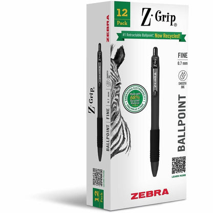 Zebra Pen Z-Grip Recycled Retractable Ballpoint Pens - 0.7 mm Fine Pen Point - Retractable - Black Ink - School, Home, J