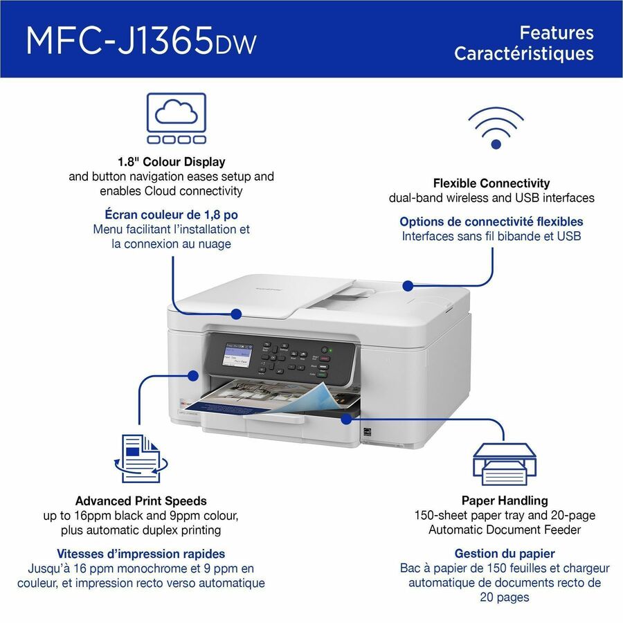 Brother MFCJ1365DW Inkjet Multifunction Printer - Color - Copier/Printer/Scanner - 16 ppm Mono/9 ppm Color Print - 1200 