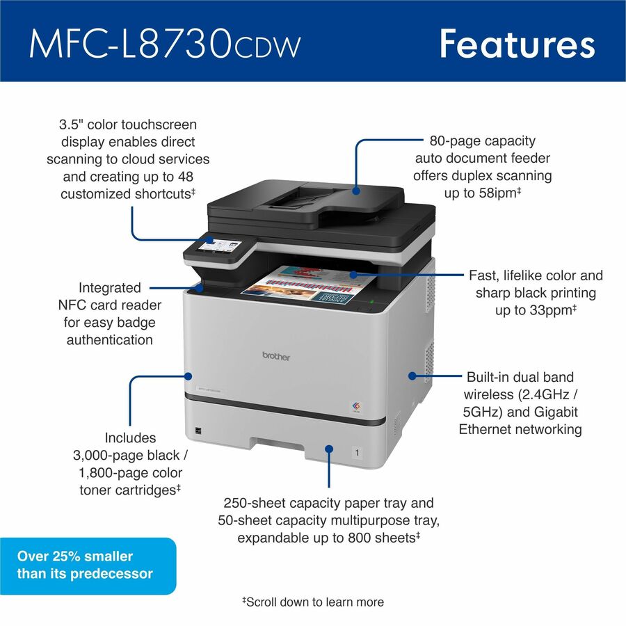 Brother MFC-L8730CDW Wired & Wireless Laser Multifunction Printer - Color - Black, White - Copier/Printer/Scanner - 1 Ea