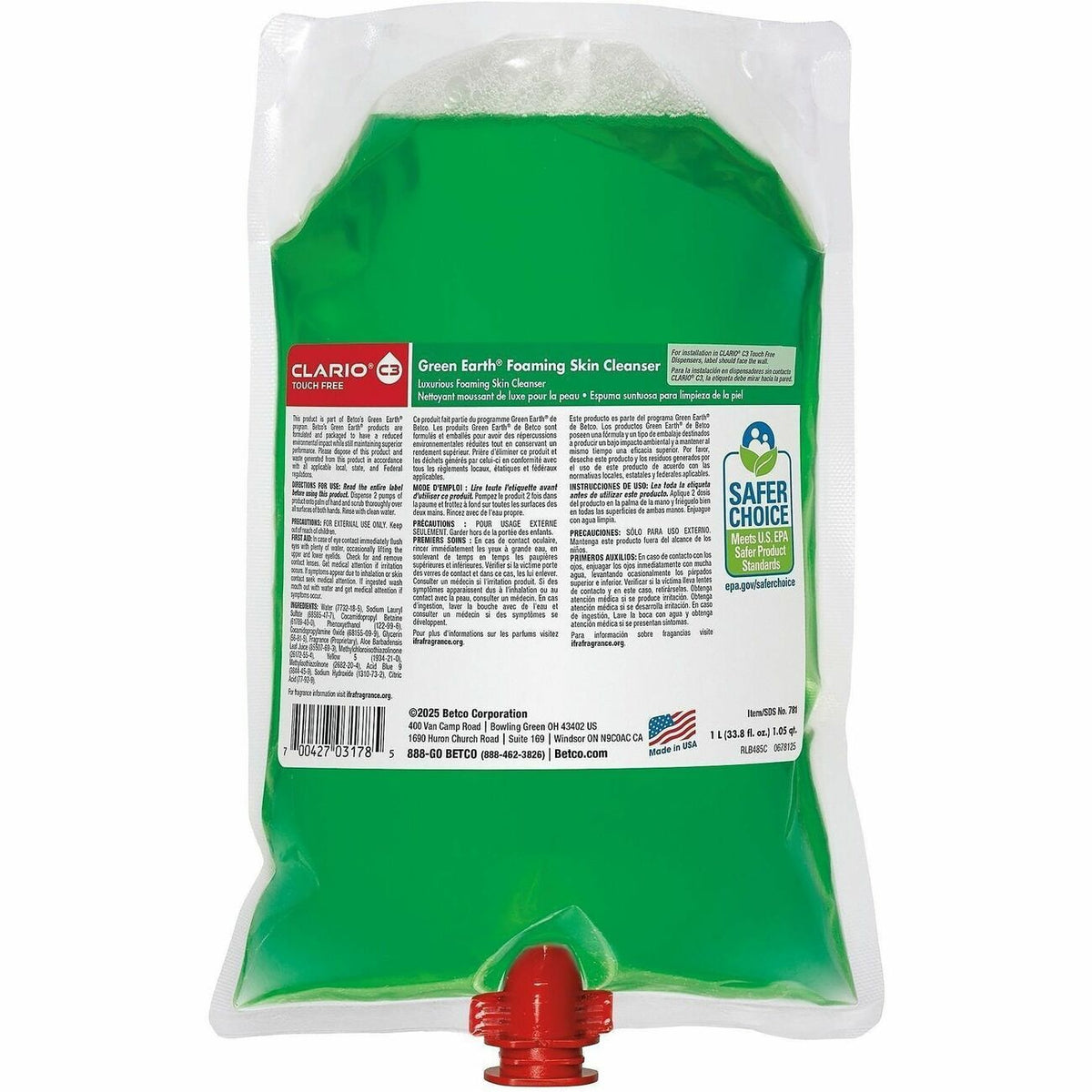 Green Earth Betco Corp Green Earth' Foaming Skin Cleanser Clario C3 Refills - Foam - 1.06 quart - Fresh Meadow - Applica