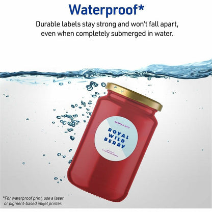 Avery 2" Waterproof Round Labels - Waterproof - x 2" Diameter - Round - Inkjet, Laser - White Matte - Polyester Film - 1