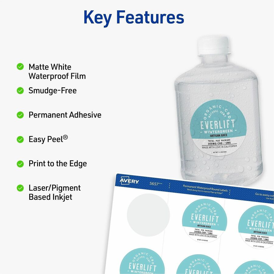 Avery 2" Waterproof Round Labels - Waterproof - x 2" Diameter - Round - Inkjet, Laser - White Matte - Polyester Film - 1