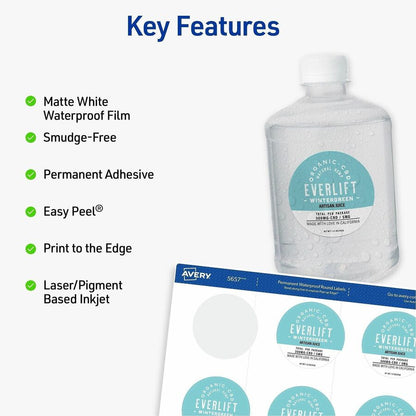 Avery 2" Waterproof Round Labels - Waterproof - x 2" Diameter - Round - Inkjet, Laser - White Matte - Polyester Film - 1