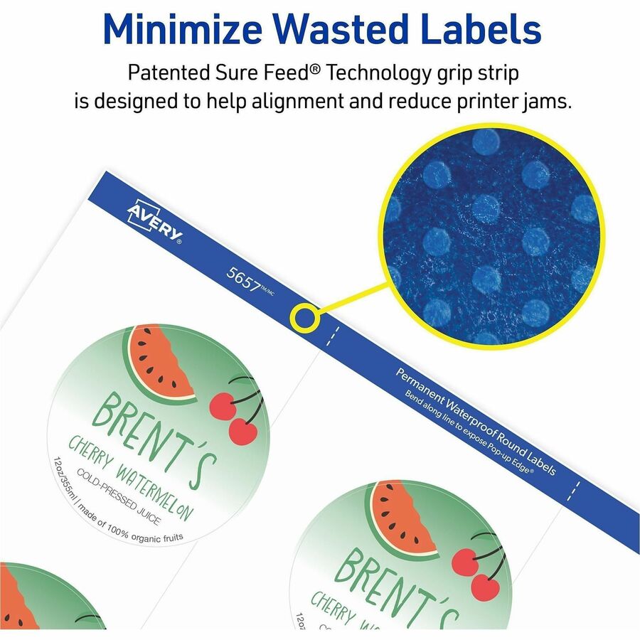 Avery 2" Waterproof Round Labels - Waterproof - x 2" Diameter - Round - Inkjet, Laser - White Matte - Polyester Film - 1