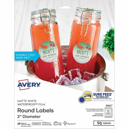Avery 2" Waterproof Round Labels - Waterproof - x 2" Diameter - Round - Inkjet, Laser - White Matte - Polyester Film - 1