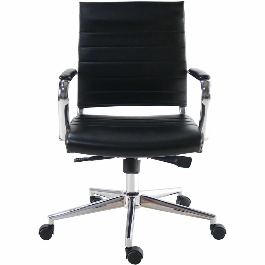 Lorell Tempo Modern Mid-Back Manager Chair - Chrome Frame Material - Mid Back - Black - Leather, Chrome - Armrest - 1 Ea
