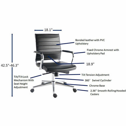 Lorell Tempo Modern Mid-Back Manager Chair - Chrome Frame Material - Mid Back - Black - Leather, Chrome - Armrest - 1 Ea