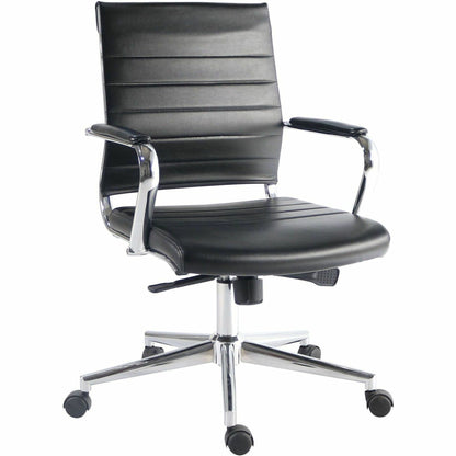 Lorell Tempo Modern Mid-Back Manager Chair - Chrome Frame Material - Mid Back - Black - Leather, Chrome - Armrest - 1 Ea