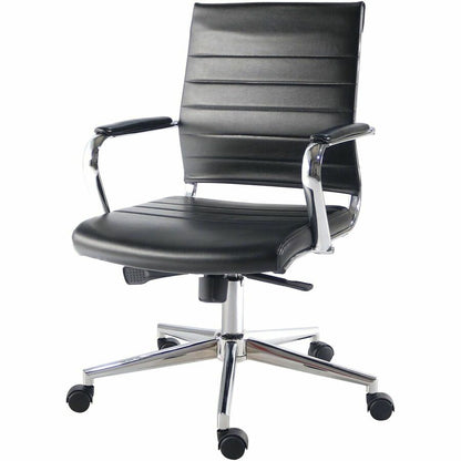 Lorell Tempo Modern Mid-Back Manager Chair - Chrome Frame Material - Mid Back - Black - Leather, Chrome - Armrest - 1 Ea