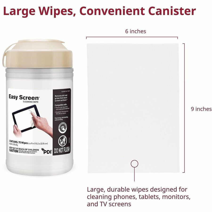 PDI Easy Screen Electronic Wipes - For Touchscreen, Electronic Equipment, Tablet, Glass - 70 / Pack