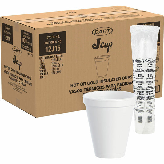Dart J Cup 12 oz Squat Insulated Foam Cups - 12 fl oz - Round - White - Foam - 25 / Carton